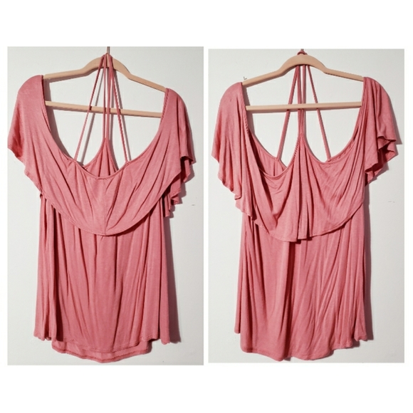 JC Fits Pink Ruffle Cold Off Shoulder Halter Top 3X - Picture 3 of 3